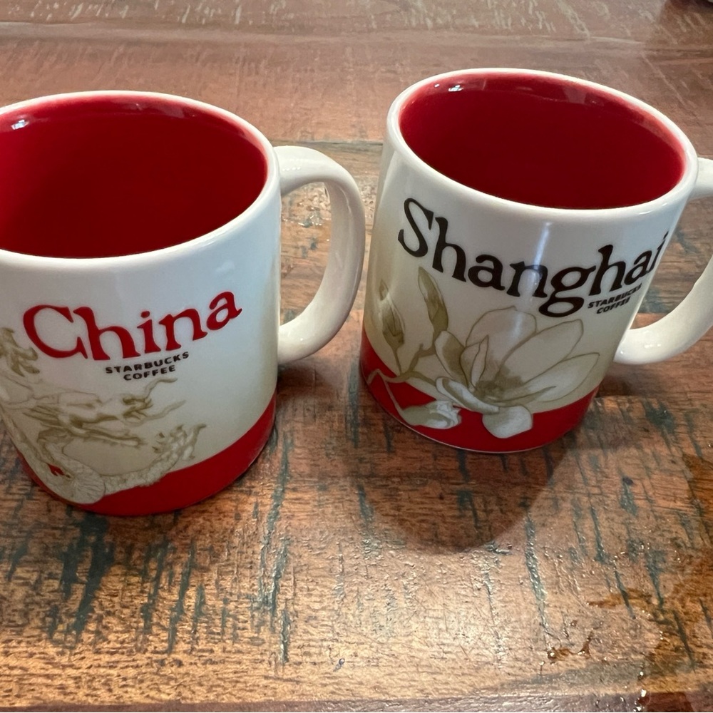 Starbucks China and Shanghai Mug Set - Red and Cream